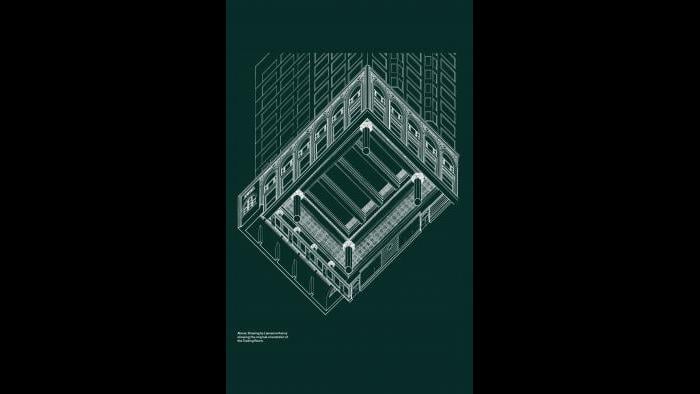 Drawing by Lawrence Kenny showing the original orientation of the Trading Room