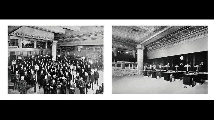 Archival photos from before (left) and after (right) an early 20th century renovation project were used to re-create the Trading Room’s original decorative scheme.