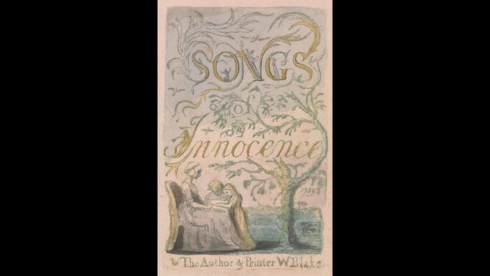 William Blake, 1757–1827, British, Songs of Innocence and of Experience, Plate 2, Innocence Title Page (Bentley 3), 1789, Relief etching printed in green with pen and ink and watercolor, Yale Center for British Art, Paul Mellon Collection