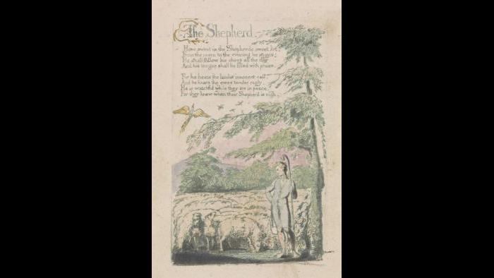 William Blake, “The Shepherd,” from Songs of Innocence, plate 4, 1789, relief etching printed in green with pen and black ink and watercolor. Yale Center for British Art, Paul Mellon Collection