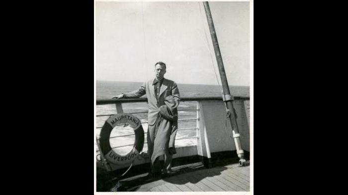 Algren on board a ship, getting ready for a trip to Europe. (OSU archive, used with permission of Algren estate)