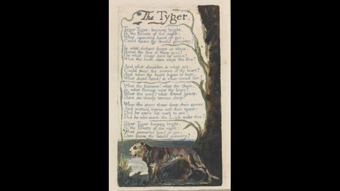 William Blake, "The Tyger," from Songs of Innocence and of Experience, plate 42, 1794, color-printed relief etching with watercolor on cream wove paper. Yale Center for British Art, Paul Mellon Collection.