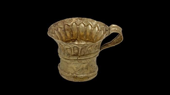 Cup--This gold cup was discovered in a grave containing the remains of two men along with many grave goods and is being displayed for the first time outside Greece. (National Archaeological Museum, Athens)