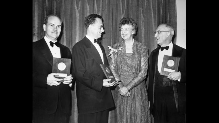 Algren receives the National Book Award in March 1950, accompanied by biographer Ralph L. Rusk, former First Lady Eleanor Roosevelt, and poet William Carlos Williams. Simone de Beauvoir teased him for his tuxedo. (Corbis Images)
