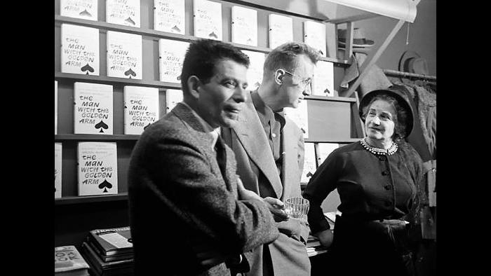 Nelson Algren with bookseller Stuart Brent, selling copies of "The Man with the Golden Arm." (Art Shay)