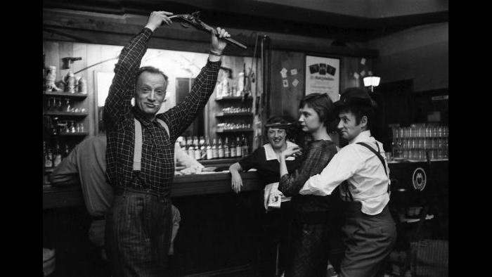 Nelson Algren horsing around with his friend, French mime Marcel Marceau, at a tavern. (Art Shay)