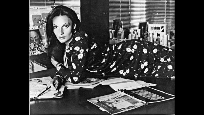 A feline designer in her office, 1976. (Photo by Ara Gallant, courtesy of Diane von Furstenberg)
