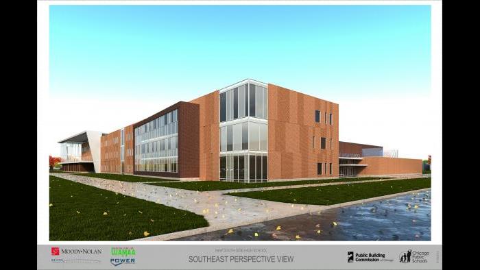 A new rendering released Friday of the proposed 1,200-student Englewood high school building. (Chicago Public Schools)
