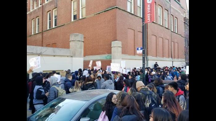Students march outside Lake View High School. (Matt Masterson / Chicago Tonight)