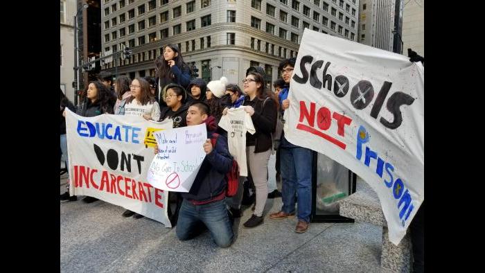 Students gathered outside City Hall to turn in a list of demands to Mayor Rahm Emanuel. (Matt Masterson / Chicago Tonight)