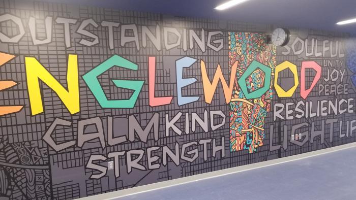 A community-based mural inside Englewood STEM High School.