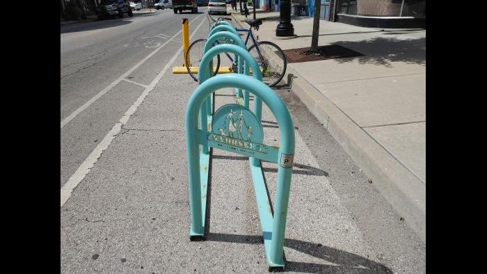 Bike racks in Portage Park. (Erica Gunderson / WTTW News)