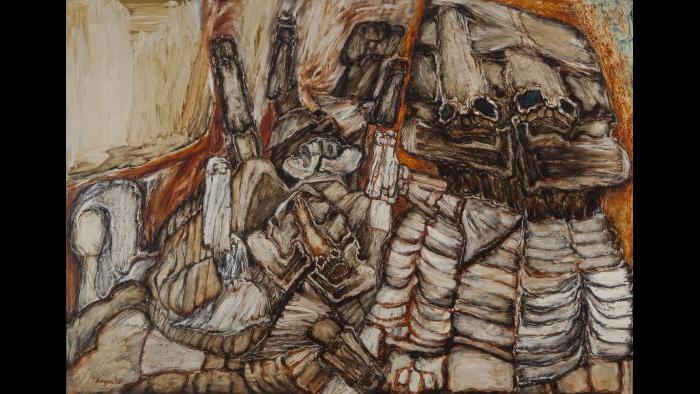 Leon Golub, Siamese Sphinx II, 1955, Lacquer on Masonite. Private Collection.