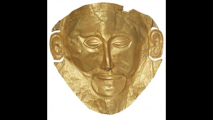 "Mask of Agamemnon" (Replica)--When unearthed in the late-­‐19th century, archaeologists believed this to be the death mask of Agamemnon, the mythical king of Mycenae. (Archaeological Museum of Mycenae)