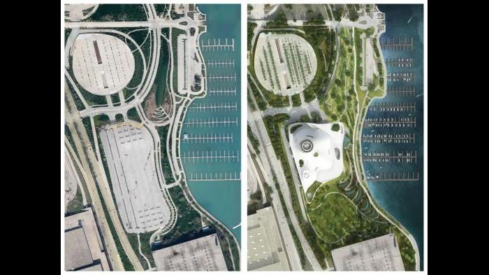 A before and after comparison of the current lakefront site vs. the proposed Lucas Museum. (Courtesy of Lucas Museum of Narrative Art)