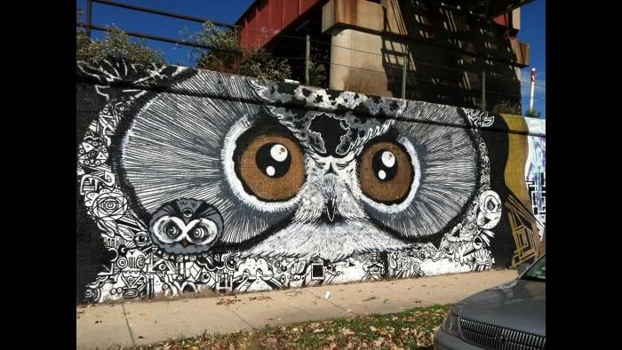 Brooks Blair Golden, "Owl," part of the Art in Public Places project, acrylic and spray paint on concrete, 2012. (Lisa Roberts)
