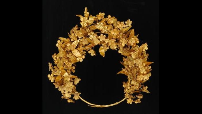 Gold Myrtle Crown--With hundreds of leaves and blossoms, this wreath worn by Queen Meda is one of the most remarkable gold objects of the ancient world. (Museum of the Royal Tombs of Aigai, Vergina)