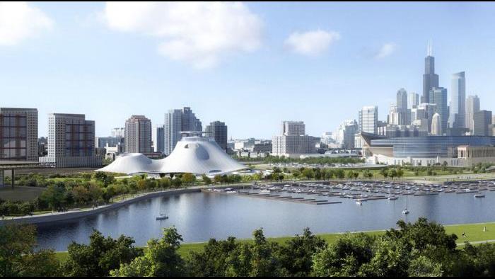 Lucas Museum site with Chicago cityscape from the south east. (Courtesy of Lucas Museum of Narrative Art)