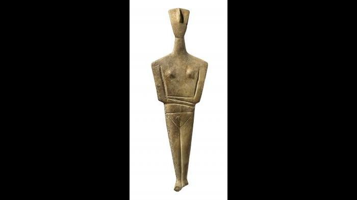 Cycladic Figurine--Cycladic figurines, often found in burials, are among the most iconic artifacts of ancient Greek archaeology. (National Archaeological Museum, Athens)