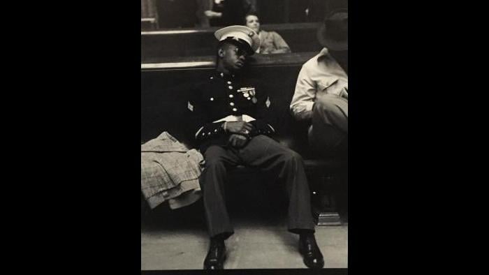 An African-American soldier during World War II at Chicago's Union Station.