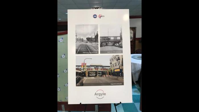 CTA historical photos show now-and-then versions of the Argyle stop. (Nick Blumberg / WTTW News)