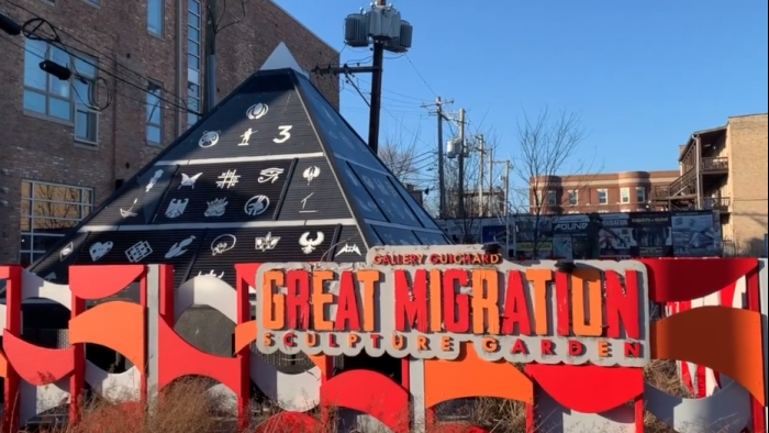 The Great Migration Sculpture Garden, a part Gallery Guichard located off of of 47th and King Drive, as seen in student film, “Bronzeville Documentary.”