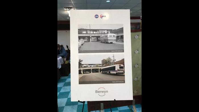 CTA historical photos show now-and-then versions of the Berwyn stop. (Nick Blumberg / WTTW News)