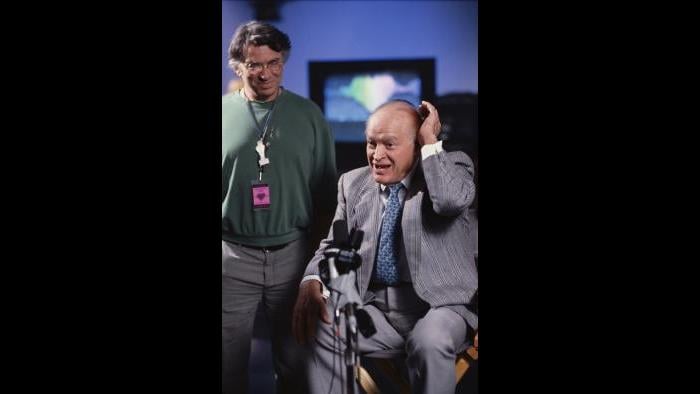 Bill Graham and Bob Hope make a radio appeal during the earthquake rock-a-thon in 1989. (Courtesy of Ken Friedman)