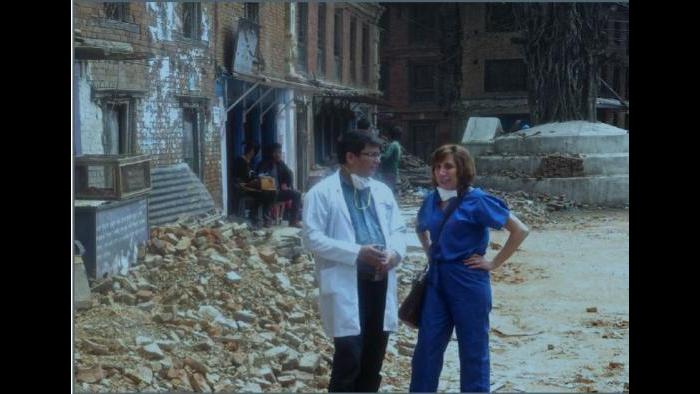 Dr. Saju Pradhan (right) of Nepal Orthopedic Hospital and Dr. Victoria Brander, co-founder and director of Operation Walk Chicago in Sankuu, Nepal during the 2015 earthquakes (Dr. Victoria Brander / Operation Walk Chicago)