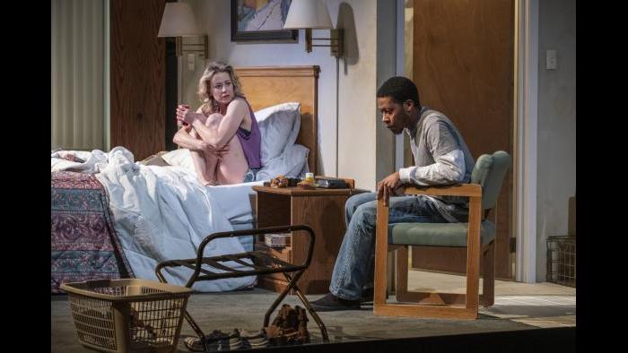 Namir Smallwood and Carrie Coon in Steppenwolf’s production of “Bug” by ensemble member Tracy Letts. (Photo by Michael Brosilow) 