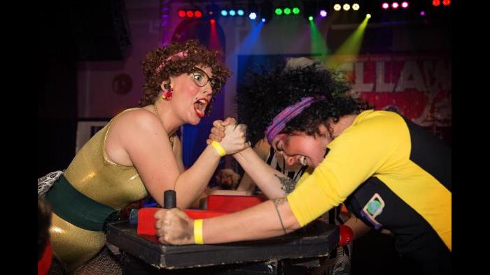 Aunt Nance vs. Toni Perkis at the Chicago League of Lady Arms Wrestlers’ CLLAW XXVIII match at Logan Square Auditorium. (Trainman Photography)