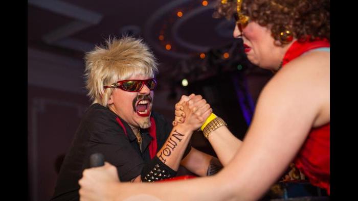 Gal Fieri (left) wrestles Aunt Nance at the Chicago League of Lady Arms Wrestlers’ CLLAW XXX match at Logan Square Auditorium. (Photo by Trainman Photography)