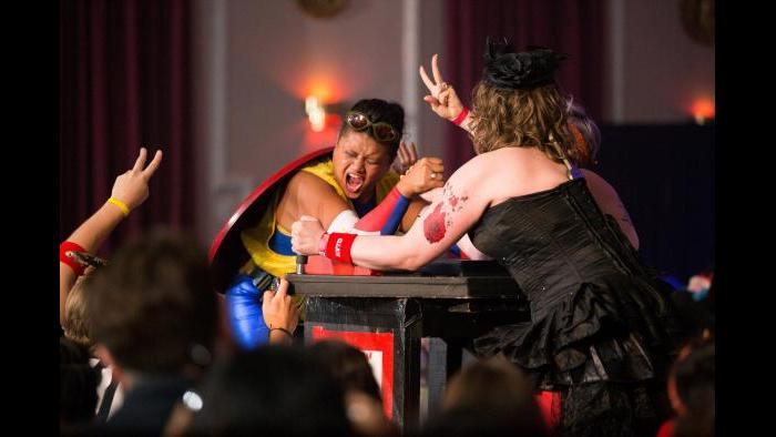 Chicago League of Lady Arms Wrestlers’ CLLAW XXVII match at Logan Square Auditorium. (Credit: Trainman Photography)