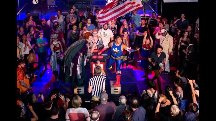 Chicago League of Lady Arms Wrestlers’ CLLAW XXVII match at Logan Square Auditorium. (Credit: Trainman Photography)
