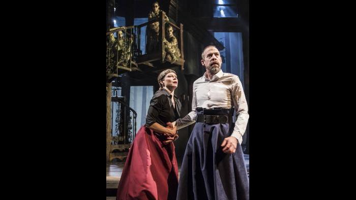 Lady Macbeth (Chaon Cross) and Macbeth (Ian Merrill Peakes) ascend to power, observed by the Weird Sisters in “Macbeth.” (Photo by Liz Lauren)
