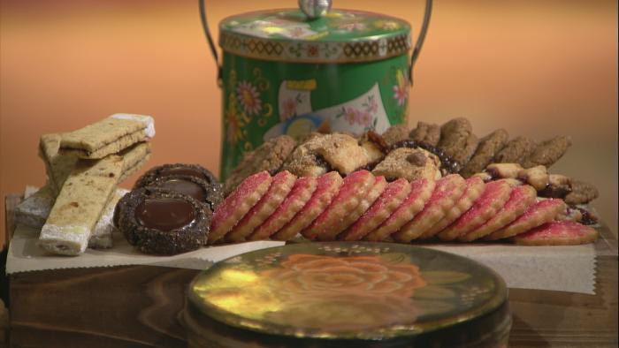 From left: Pistachio shortbread with cranberry preserves, hot fudge thumbprints, Fleur de Sel shortbread, raspberry preserve rugala and gingersnaps with sorghum.
