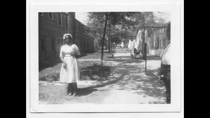 Curtis's mother, Marion, outside the family's Cabrini-Green home, Chicago 1963. (Courtesy the author’s collection)