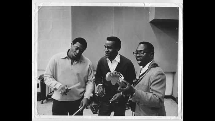 The Impressions rehearsing in the studio, Chicago circa 1965. (Courtesy the author’s collection)