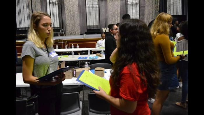 Patricia Nowak (left) and Annabelle Garcia discuss their values. (Kristen Thometz / Chicago Tonight)