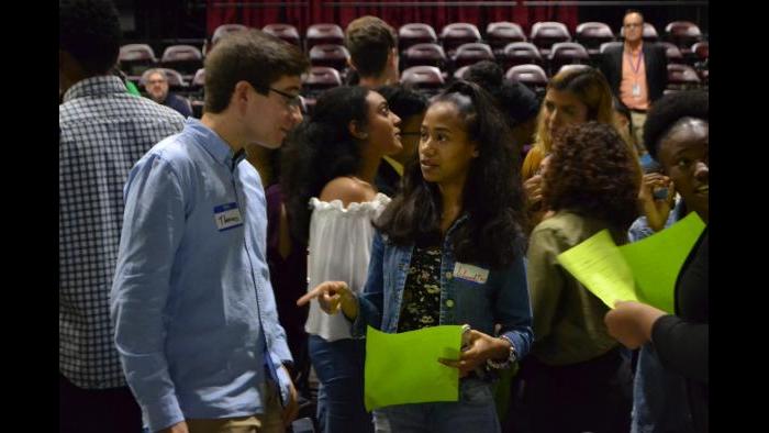 Thanos Drossos (left) and Ashanti Fraizer discuss their values. (Kristen Thometz / Chicago Tonight)