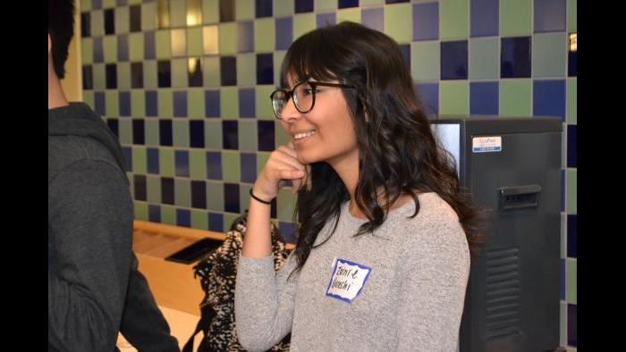 Mikva Challenge student Zainie Qureshi role play as a campaigner. (Kristen Thometz / Chicago Tonight)