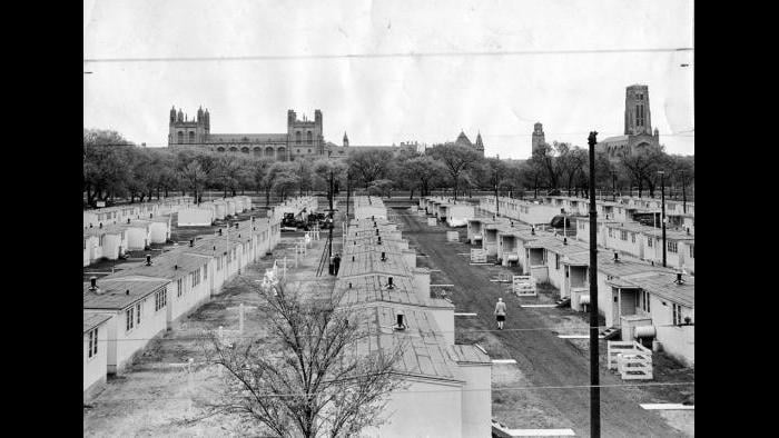 Veteran Housing on the Midway, 1946. The University dealt with the housing shortage following the WWII by erecting 201 prefabricated units of two and three rooms on the Midway. They were available to student veterans at a cost of $40-45 per month, which included electricity, fuel for heat and cooking, and garbage disposal.