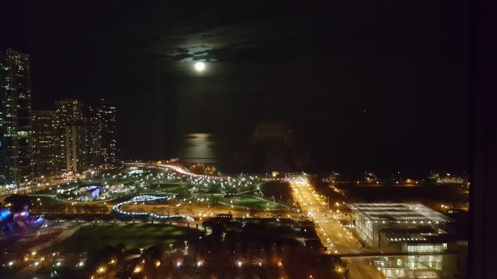 Photo by Deborah Chipman: Supermoon over the Chicago lakefront taken from our condo at Millennium Park (captured Monday 11/14/16 on my cell phone)