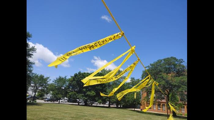 The installation “Dirty Laundry” at Schurz High School. (Erica Gunderson / WTTW News)
