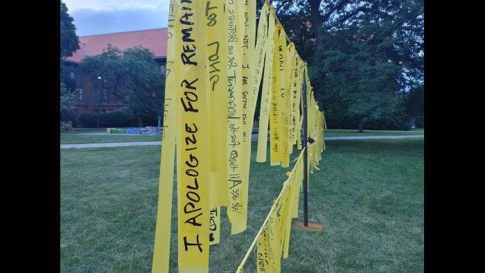 The installation “Dirty Laundry” at Schurz High School. (Erica Gunderson / WTTW News)