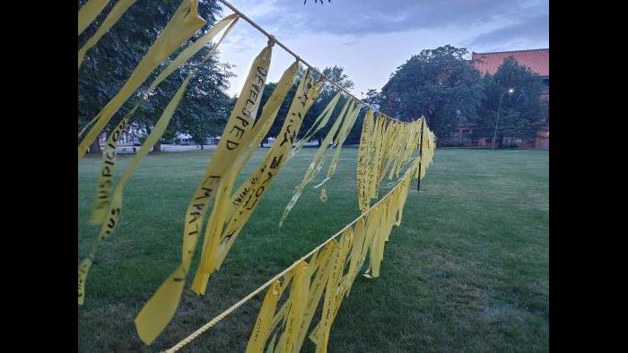 The installation “Dirty Laundry” at Schurz High School. (Erica Gunderson / WTTW News)