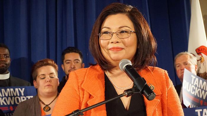 Duckworth speaks to supporters on Tuesday night after winning the Democratic Senate primary. (Alex Silets)
