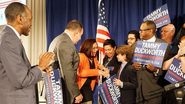 Duckworth greets supporters after her Tuesday night victory. (Alex Silets)