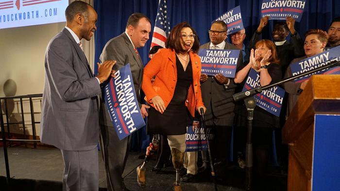 Duckworth greets supporters after her Tuesday night victory. (Alex Silets)