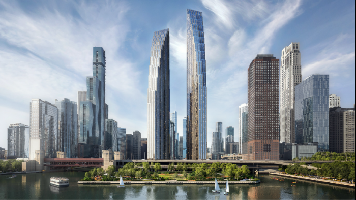Rendering of Related Midwest’s plan for the former Spire site, with DuSable Park in the foreground. (Courtesy of Chicago Department of Planning and Development)